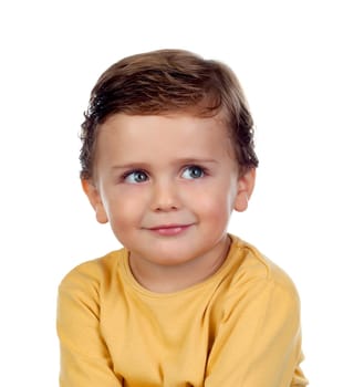 Adorable small child two years old with yellow t-shirt isolated on a white background