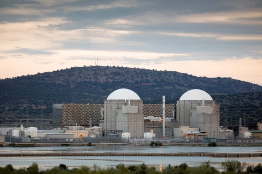 Almaraz, nuclear power plant in the center of Spain, surrounded by a green field