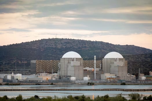 Almaraz, nuclear power plant in the center of Spain, surrounded by a green field