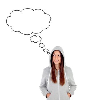 Pensive hooded girl with grey sweatshirt looking at side isolated on a white background