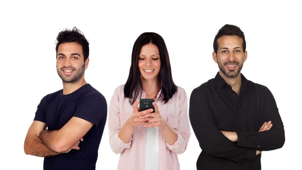 Two men in black and a woman looking the mobile isolated on a white background