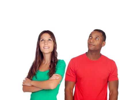 Brunette woman and handsome African man isolated on a white background