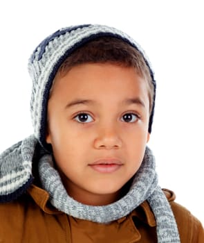 Beautiful child with wool scarf isolated on a white background