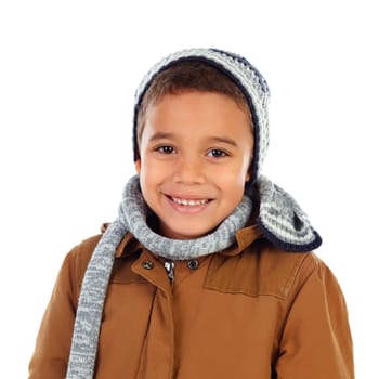 Beautiful child with wool scarf isolated on a white background