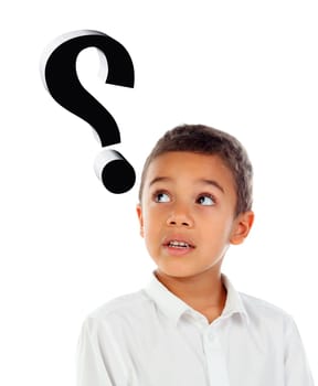 Funny small child with dark hair and black eyes crossing his arms isolated on a white background