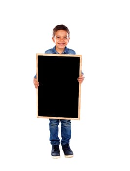 Happy child holding a blank slate isolated on a white background