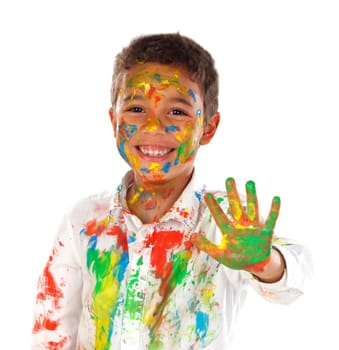 Funny boy with hands and face full of paint isolated on a white background