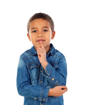 Pensive small child with denim t-shirt isolated on a white background