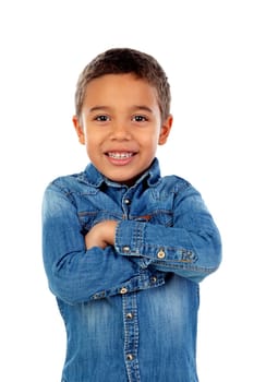 Funny small child with denim t-shirt isolated on a white background
