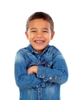 Funny small child with denim t-shirt isolated on a white background