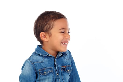 Funny small child with denim t-shirt isolated on a white background