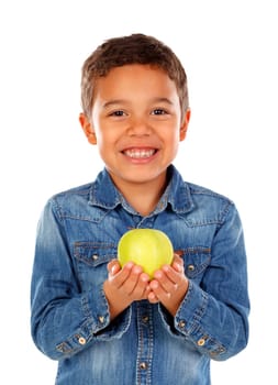 Funny boy with dark hair and eyes holding a apple isolated on a white background