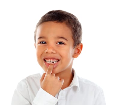Latin child showing his new teeth isolated on a white background