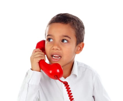 Funny small child talking on the phone isolated on a white background