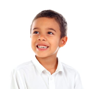 Pensive small child with t-shirt isolated on a white background