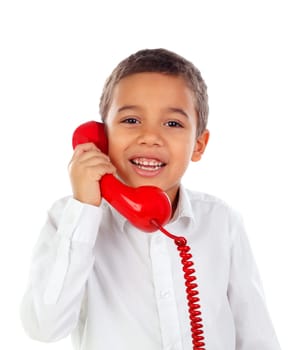 Funny small child talking on the phone isolated on a white background