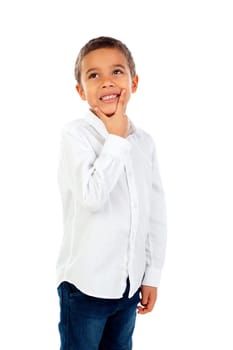 Pensive small child with t-shirt isolated on a white background