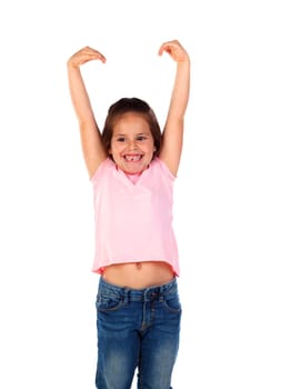Happy girl raising her arms isolated on a white background
