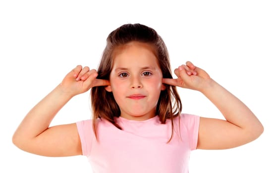 Small child covering his ears isoalted on a white background