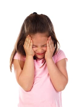 Small girl with headache isolated on a white background