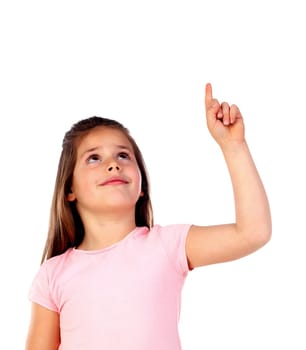 Cute child girl pointing with his finger isolated on white background
