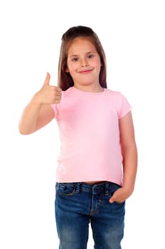 Friendly child saying Ok with her thumb isolated on a white background