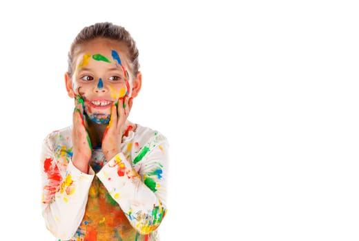 Funny girl with hands and face full of paint isolated on a white background
