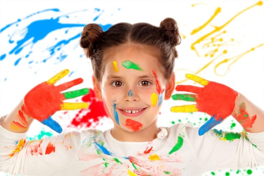 Funny girl with hands and face full of paint isolated on a white background