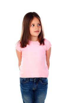 Happy small girl with long straight hair isolated on a white background