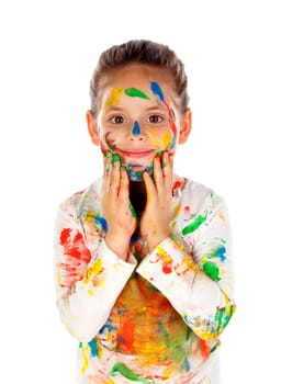 Funny girl with hands and face full of paint isolated on a white background