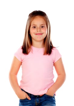 Happy small girl with straight hair isolated on a white background