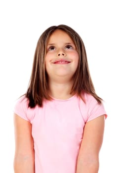 Happy small girl with long straight hair isolated on a white background