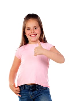 Friendly child saying Ok with her thumbs isolated on a white background