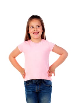 Happy small girl with long straight hair isolated on a white background
