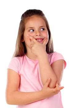 Pensive small girl imagining something isolated on a white background