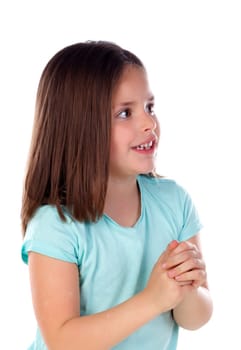 Pensive small girl imagining something isolated on a white background
