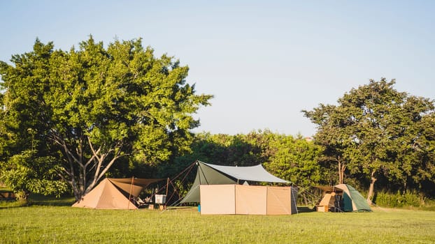 tourist tent camping in mountains near lake, Khao Yai National park, Thailand