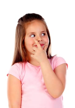 Pensive small girl imagining something isolated on a white background