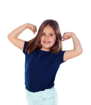 Funny child showing her muscles isolated on a white background