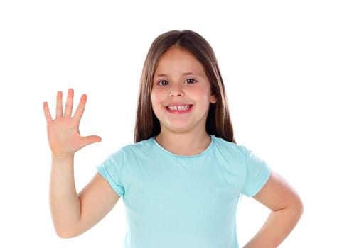 Adorable child girl counting with his fingers isolated on a white background