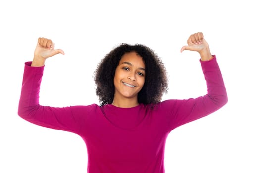Beautiful teenager girl with pink sweater isolated on a white background
