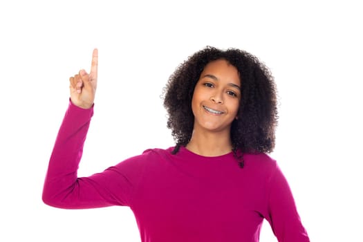 Beautiful teenager girl with pink sweater isolated on a white background