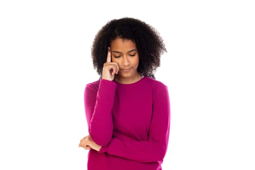 Beautiful teenager girl with pink sweater isolated on a white background