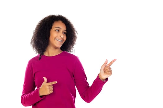 Teenager girl with afro hair wearing pink sweater isolated on a white background