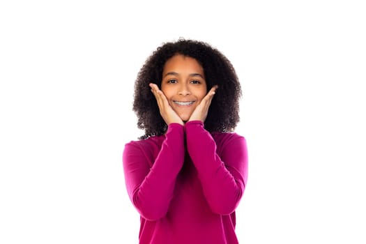 Beautiful teenager girl with pink sweater isolated on a white background