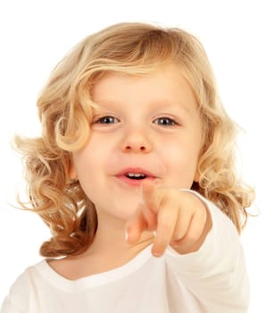 Cute kid pointing with his finger isolated on white background