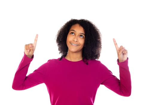 Beautiful teenager girl with pink sweater isolated on a white background