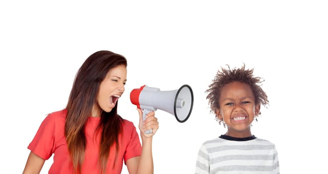 Craizy mum shouting by a megaphone to her son isolated on a white background
