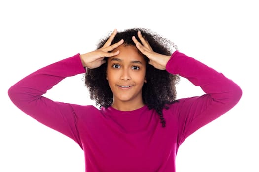 Beautiful teenager girl with pink sweater isolated on a white background