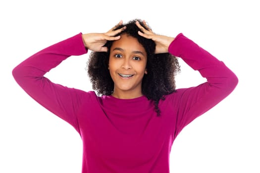 Beautiful teenager girl with pink sweater isolated on a white background